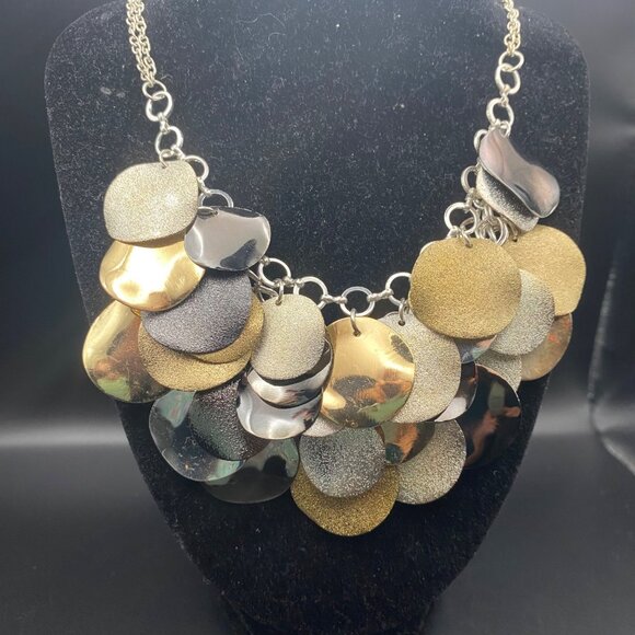 Statement Bib Necklace Gold Silver Gunmetal Disc Multi Tone Layer Dangle 18-20" - Picture 2 of 6